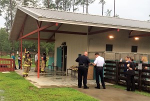 Aiken Public Safety clears the smoke and assesses fire damage in the first pod of the Shelter’s adoption wing.