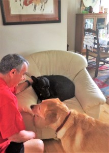 Jeff Martin and Yellow Retriever Nala help Keegan feel welcome in his new home.