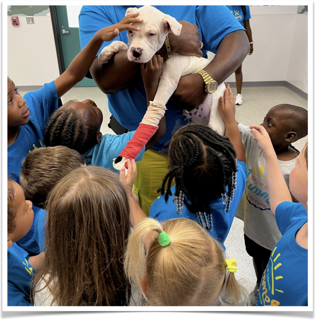 Little Breezy visits with young kids from the City of Aiken’s Summer Camp.