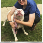 Sweet CRYSTAL, seen here with County Shelter staff member Aimee Waggoner, is a bundle of energy who would love to find a home with a fenced-in yard.