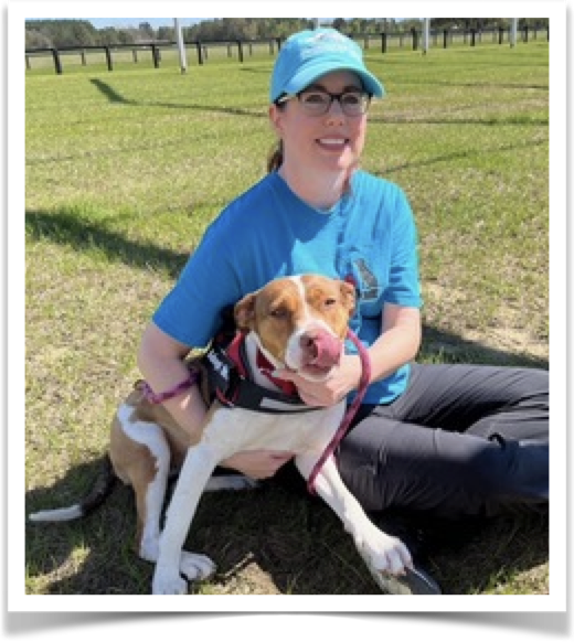 FOTAS volunteer Melinda Gleaton with shelter dog for adoption at Aiken Steeplechase.